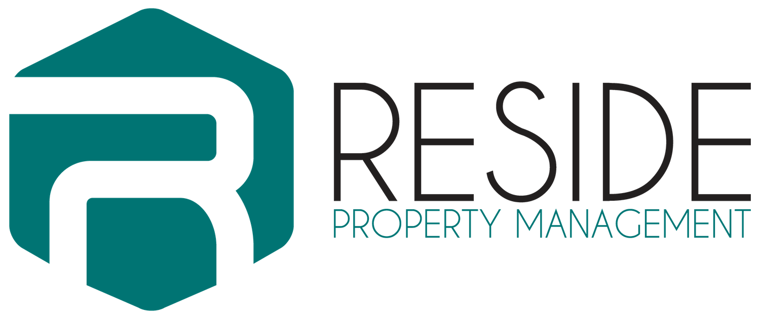 A logo for Reside Property Management featuring a stylized "R" in blue.